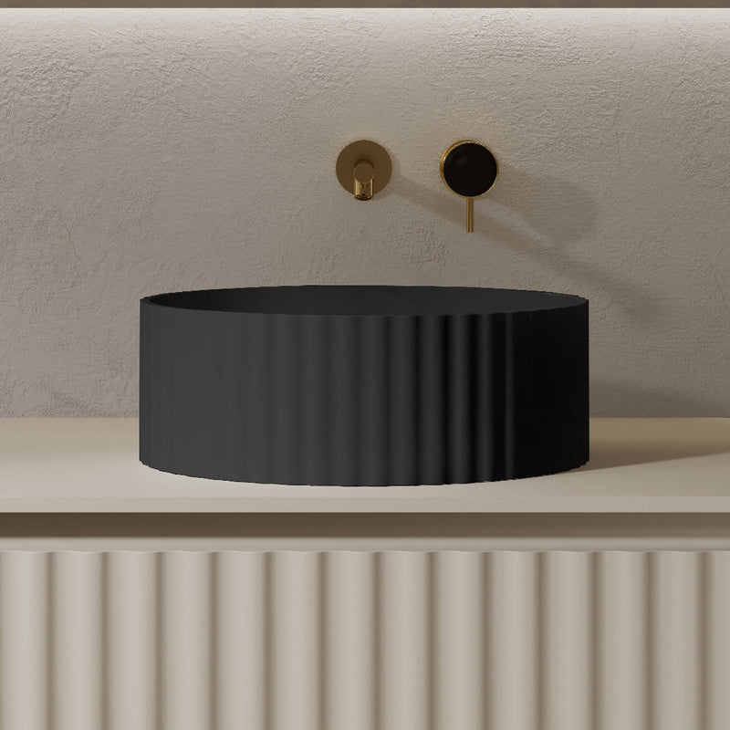 Flora 380mm Matte Black Fluted Solid Surface Stone Round Above Counter Basin