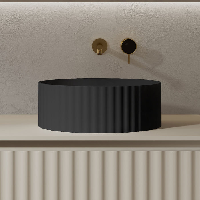 Flora 380mm Matte Black Fluted Solid Surface Stone Round Above Counter Basin