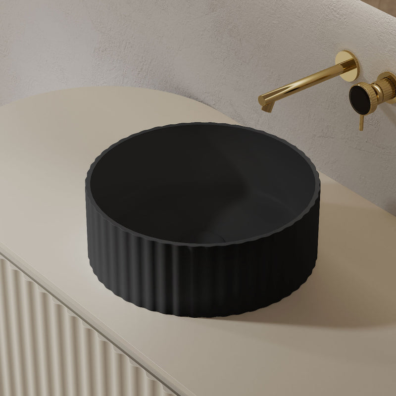Flora 380mm Matte Black Fluted Solid Surface Stone Round Above Counter Basin