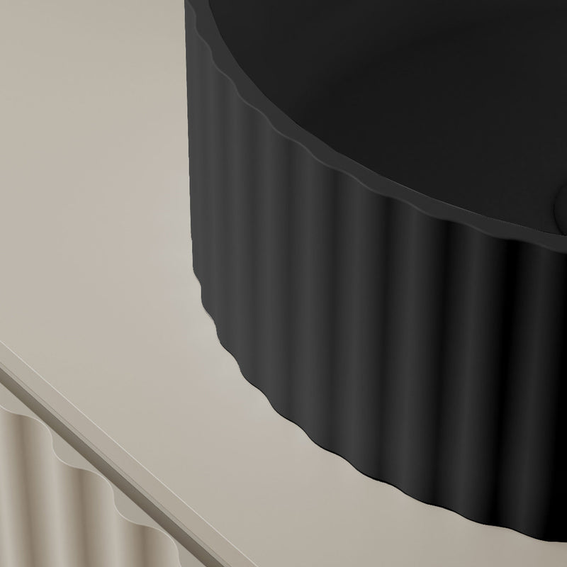 Flora 380mm Matte Black Fluted Solid Surface Stone Round Above Counter Basin