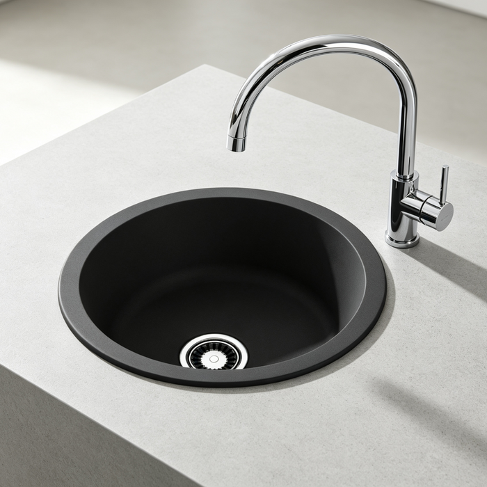 Avella 440mm Round Matte Black Granite Kitchen & Laundry Sink