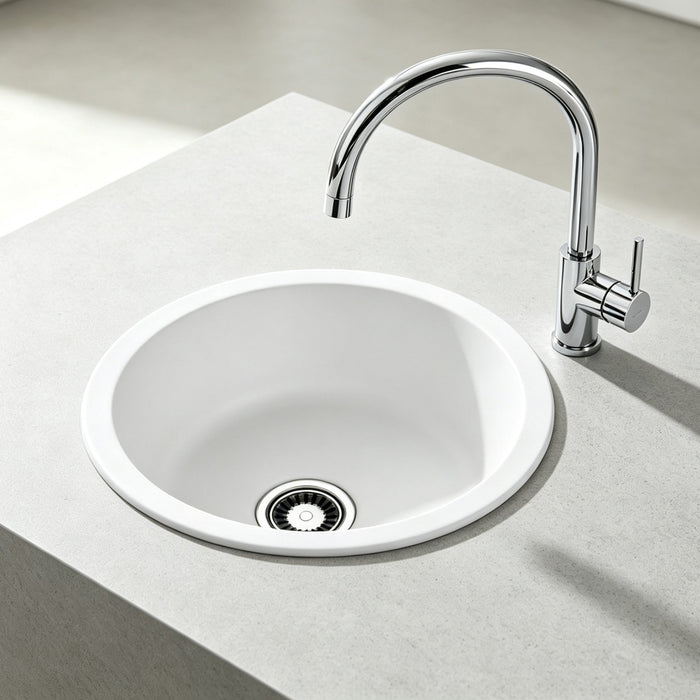 Avella 440mm Round Matte White Granite Kitchen & Laundry Sink
