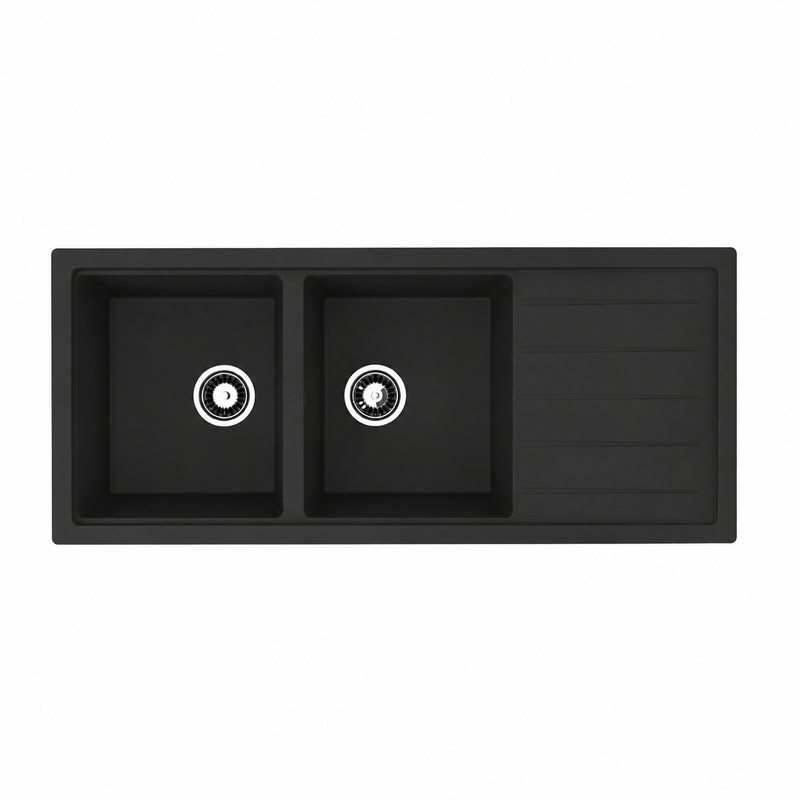 Avella 1160mm Matte Black Double Bowl Granite Kitchen Sink With Drainer