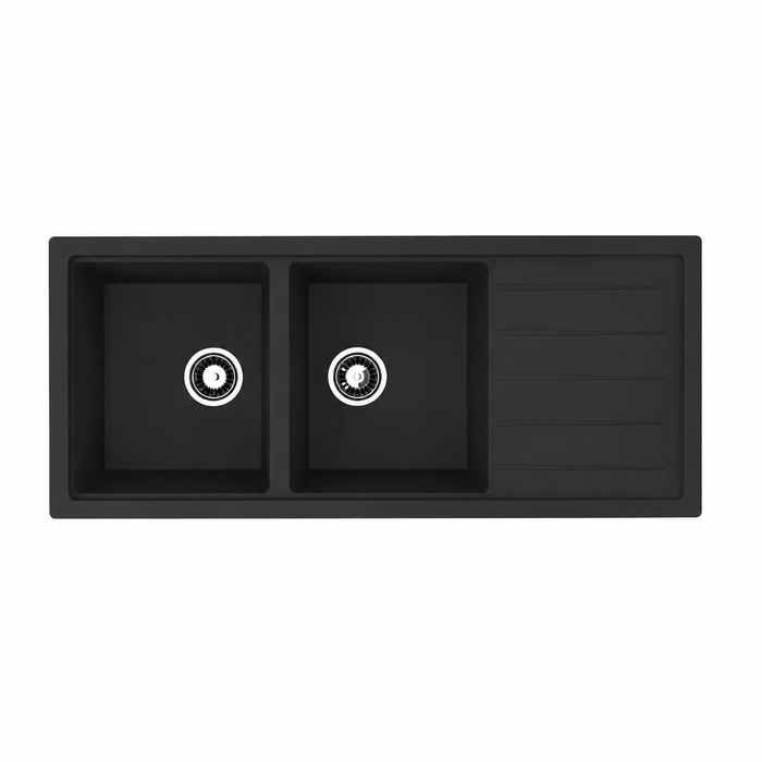 Avella 1160mm Matte Black Double Bowl Granite Kitchen Sink With Drainer