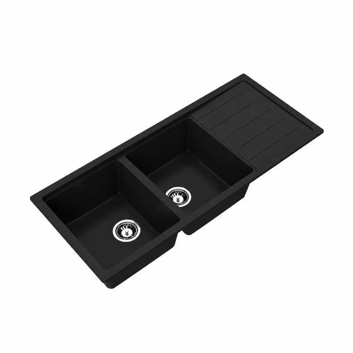 Avella 1160mm Matte Black Double Bowl Granite Kitchen Sink With Drainer