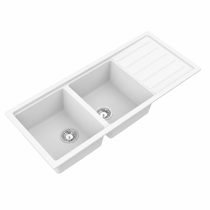 Avella 1160mm Matte White Double Bowl Granite Kitchen Sink With Drainer