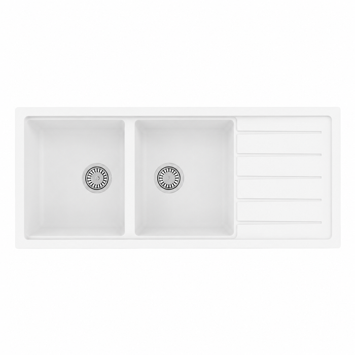 Avella 1160mm Matte White Double Bowl Granite Kitchen Sink With Drainer