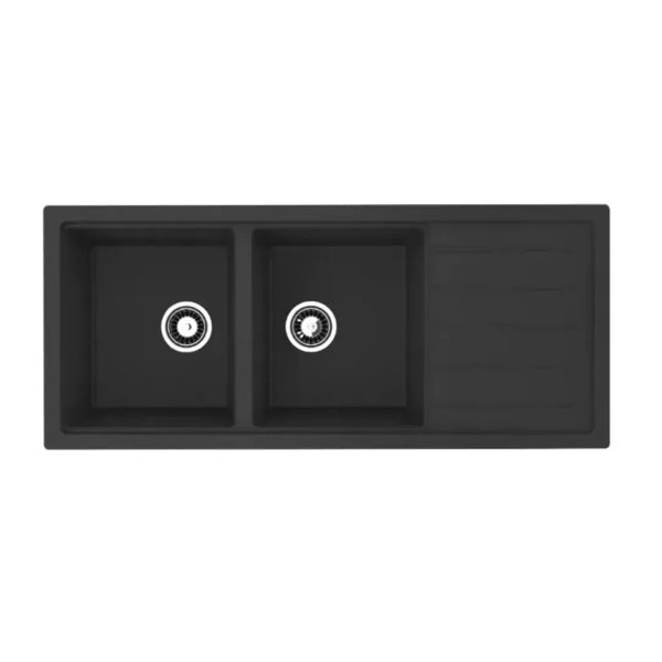Avella 1160mm Matte Black Double Bowl Granite Kitchen Sink With Drainer