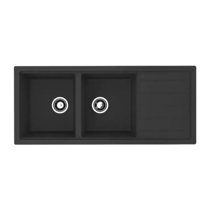 Avella 1160mm Matte Black Double Bowl Granite Kitchen Sink With Drainer