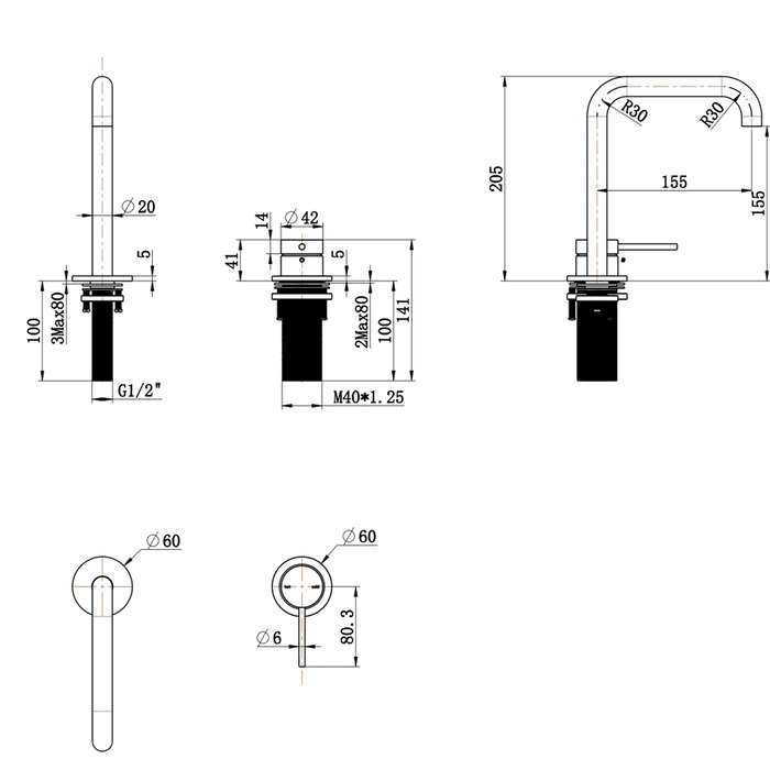 Mica Gun Metal Soft-Square Hob Basin Mixer Set