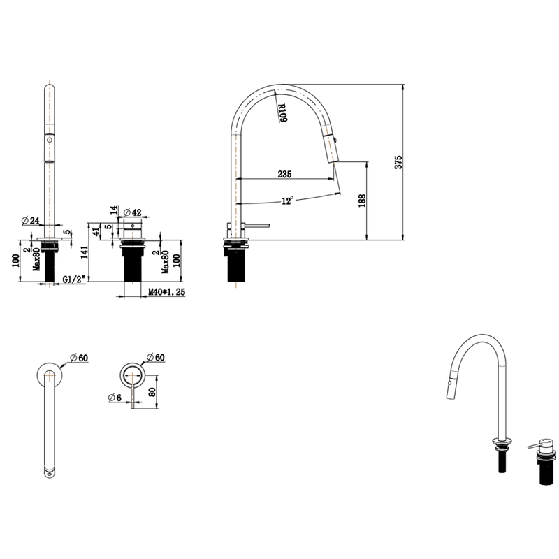 Mica French Gold Pull-Out Hob Mixer Set