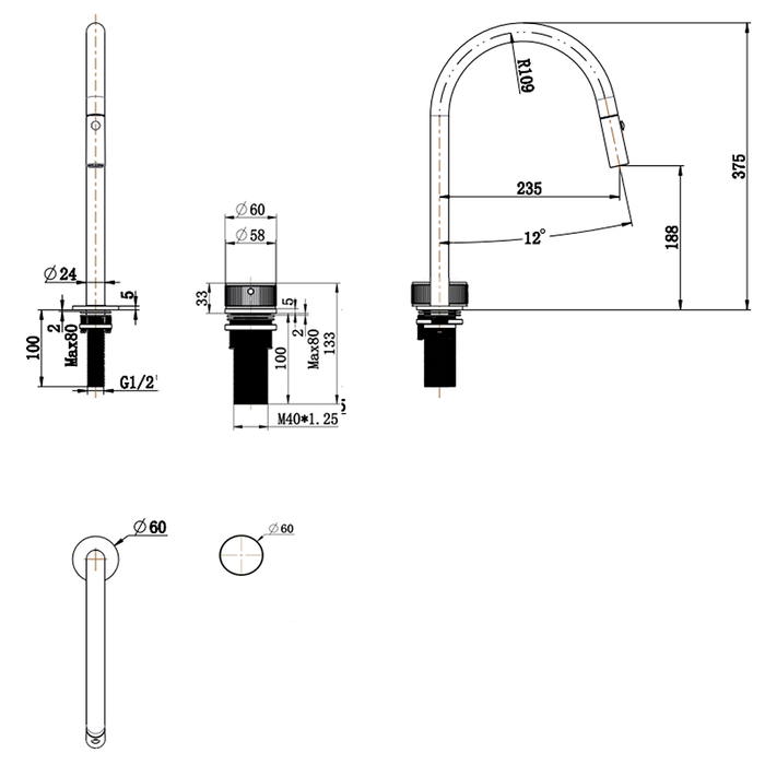 Mica Gun Metal Fluted Pull-Out Hob Mixer Set