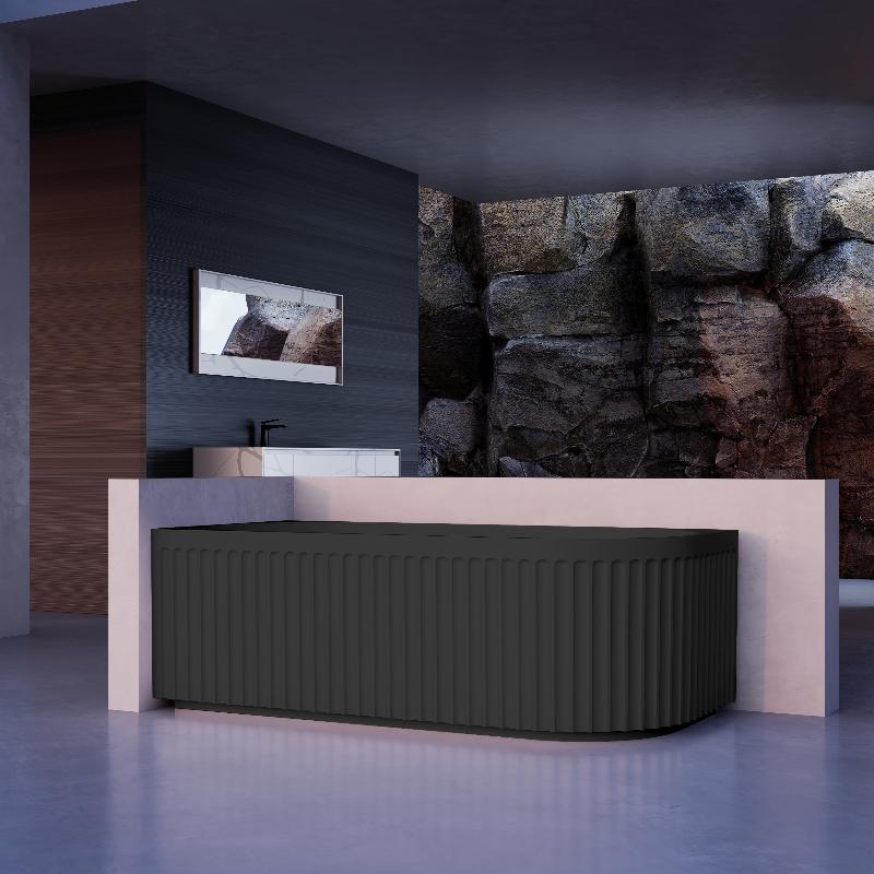 Kelsa Fluted 1500mm Matte Black Corner Fit Designer Round Freestanding Bath - Acqua Bathrooms