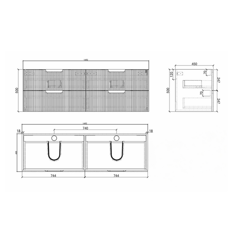 Kelsa 1500 Double Fluted Matte Black Wall Hung Vanity - Acqua Bathrooms