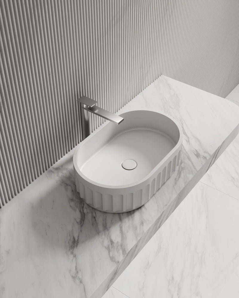 Kelsa 560mm Fluted Solid Surface Stone Oval Above Counter Basin