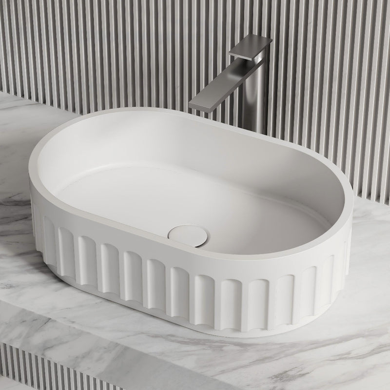 Kelsa 560mm Fluted Solid Surface Stone Oval Above Counter Basin