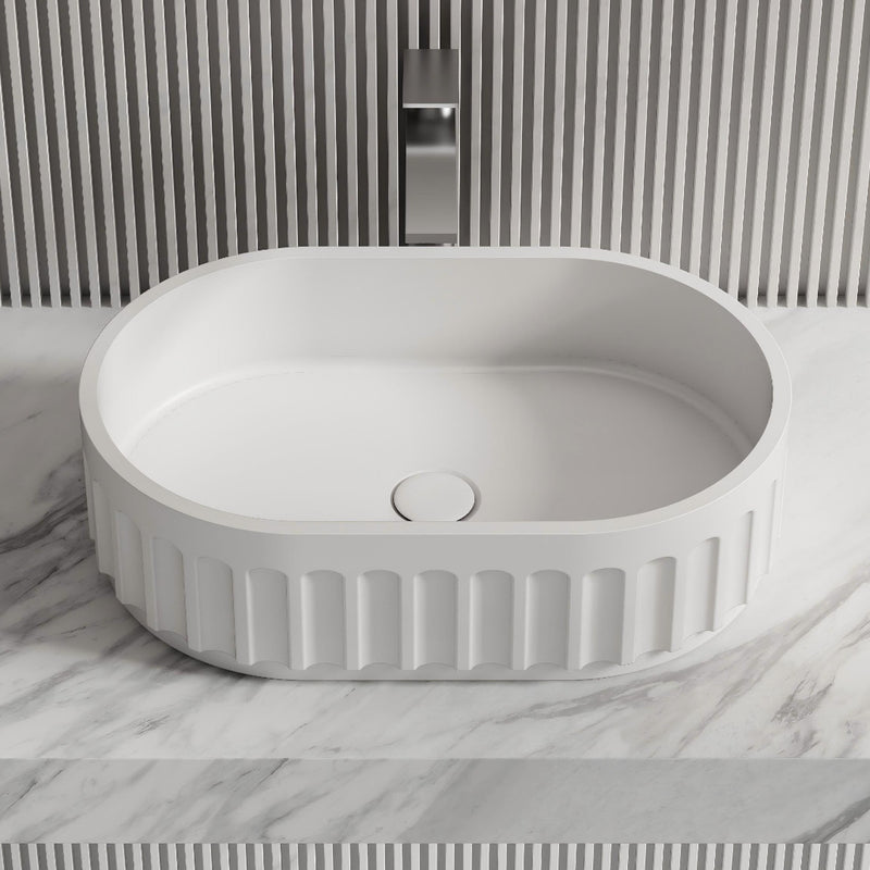 Kelsa 560mm Fluted Solid Surface Stone Oval Above Counter Basin