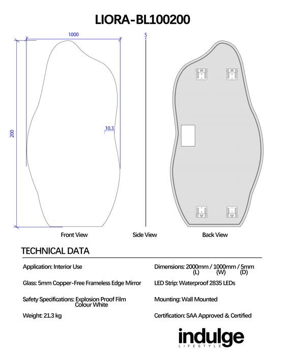 Liora Asymmetrical 1000 x 2000 LED Mirror - Three Light Temperatures