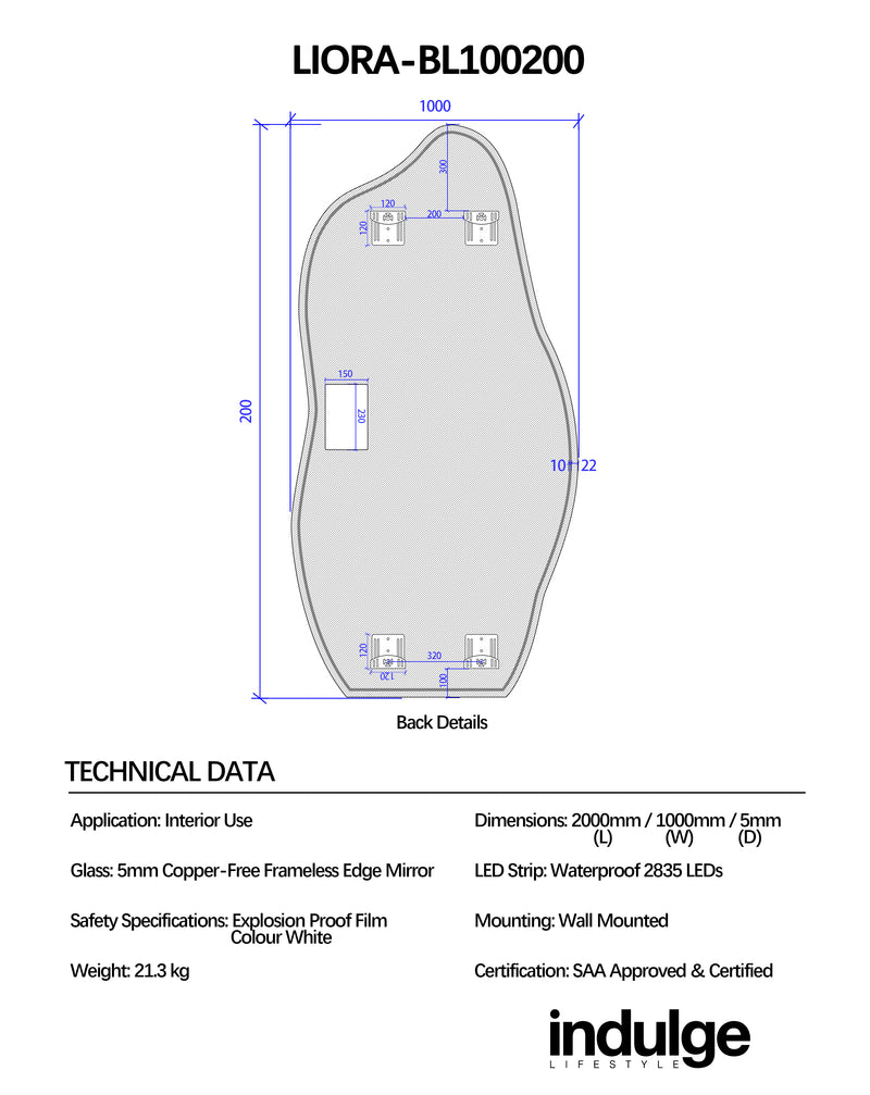 Liora Asymmetrical 1000 x 2000 LED Mirror - Three Light Temperatures