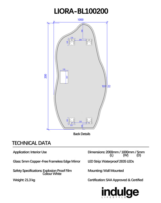 Liora Asymmetrical 1000 x 2000 LED Mirror - Three Light Temperatures