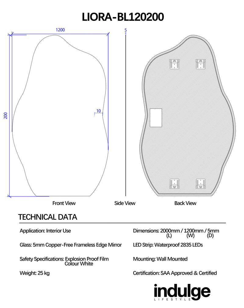 Liora Asymmetrical 1200 x 2000 LED Mirror - Three Light Temperatures