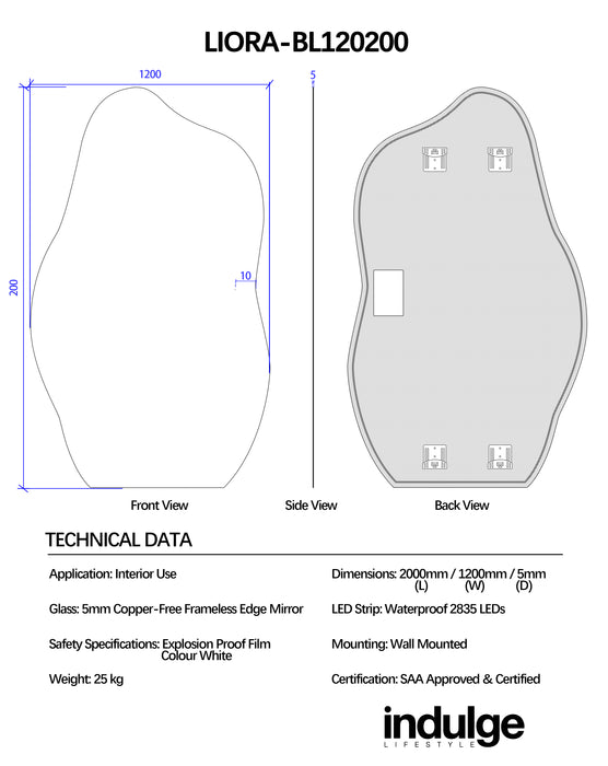 Liora Asymmetrical 1200 x 2000 LED Mirror - Three Light Temperatures