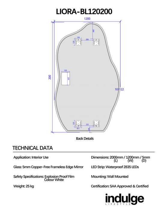 Liora Asymmetrical 1200 x 2000 LED Mirror - Three Light Temperatures