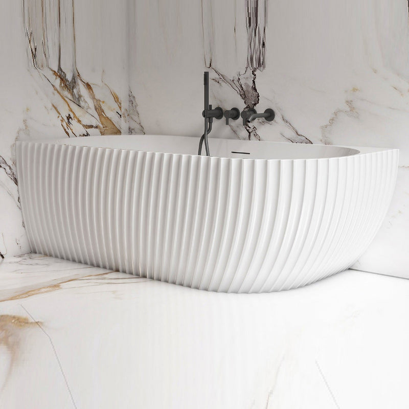 Luna Fluted 1700mm Matte White Left Corner Designer Oval Freestanding Bath