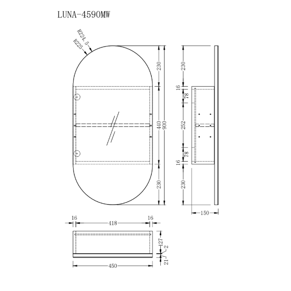 Luna Matte White Oval Pill Shaving Cabinet - Acqua Bathrooms
