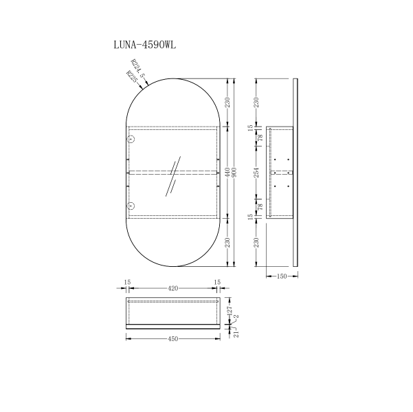 Luna Light Walnut Oval Pill Shaving Cabinet - Acqua Bathrooms