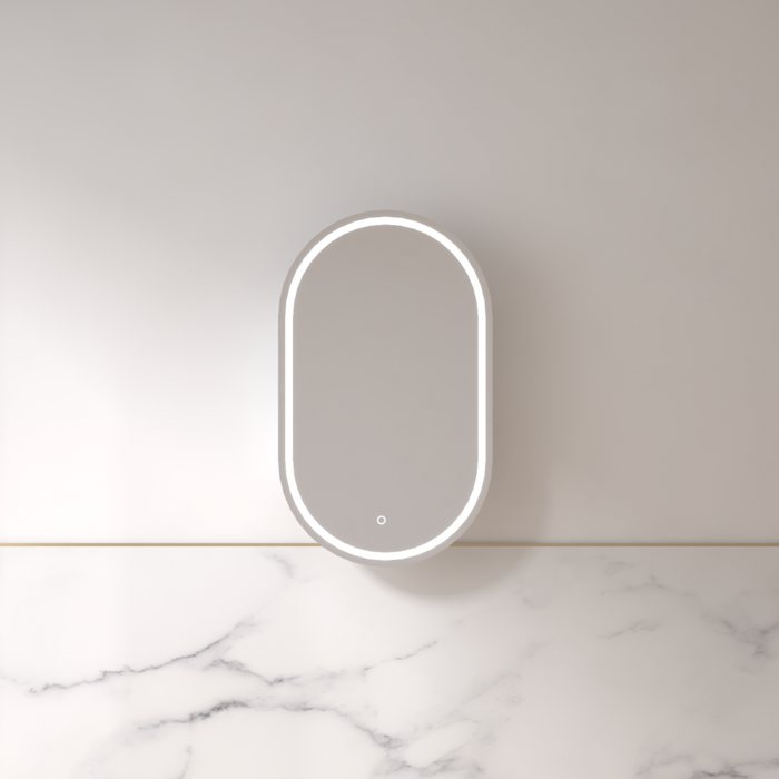 Luna LED 600 x 1000 Matte White Oval Pill Shaving Cabinet - Acqua Bathrooms