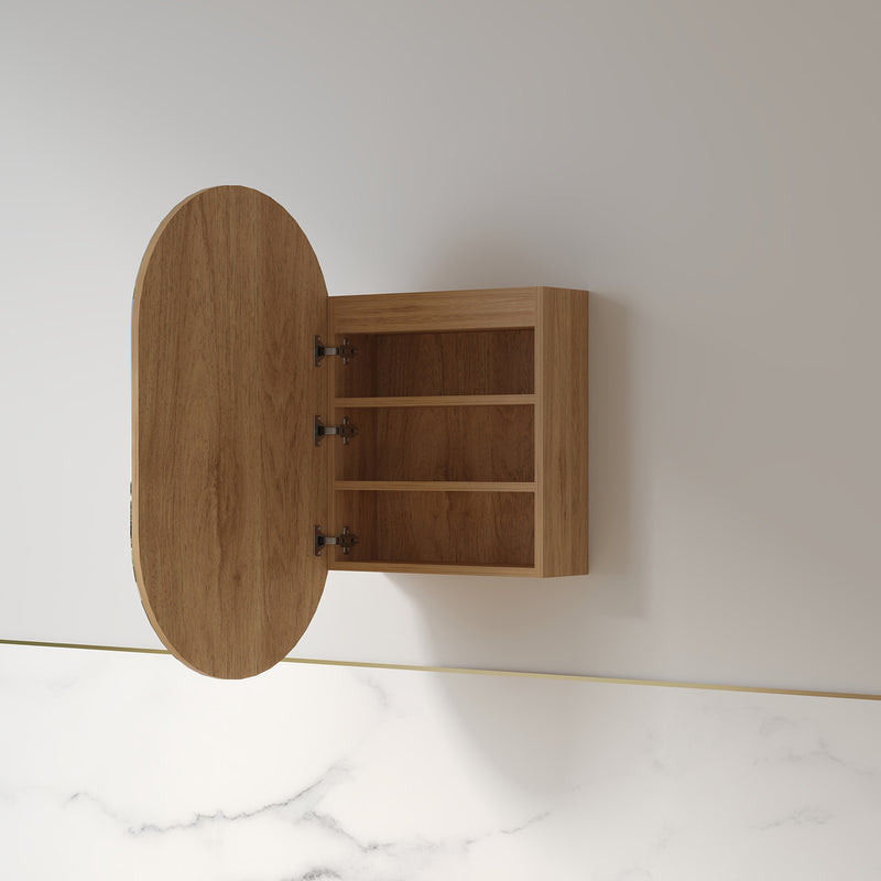 Luna LED 600 x 1000 Light Walnut Oval Pill Shaving Cabinet