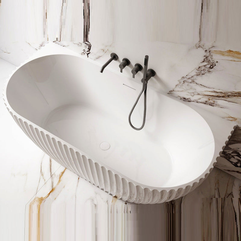 Luna Fluted 1500mm Matte White Back to Wall Designer Oval Freestanding Bath