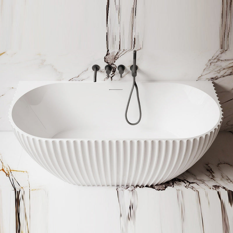 Luna Fluted 1500mm Matte White Back to Wall Designer Oval Freestanding Bath