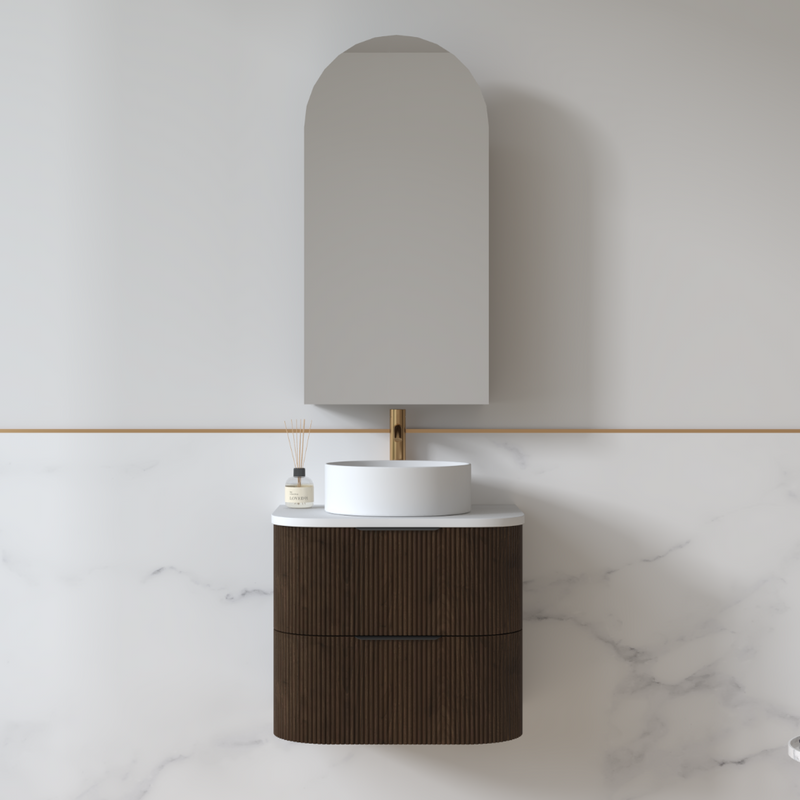 Lunara 600 Curved Alder Walnut Fluted Wall Hung Vanity