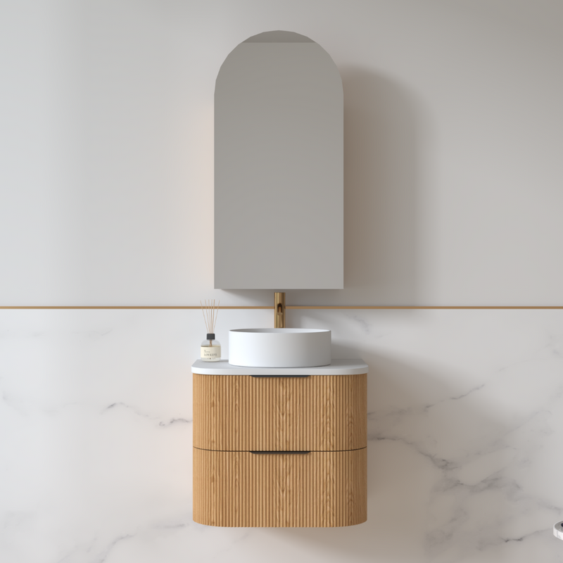 Lunara 600 Curved Light Walnut Fluted Wall Hung Vanity