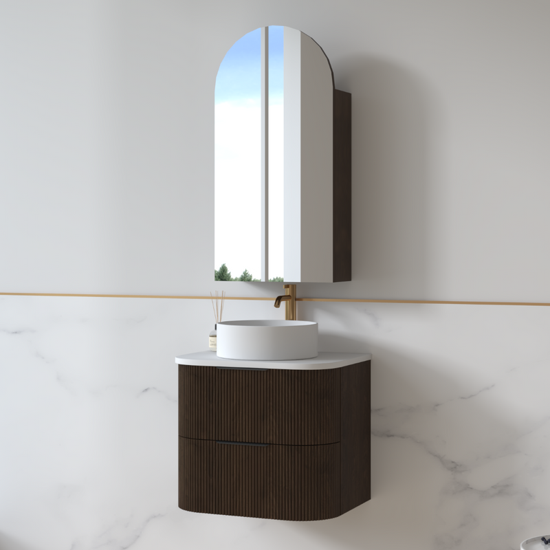 Lunara 600 Curved Alder Walnut Fluted Wall Hung Vanity