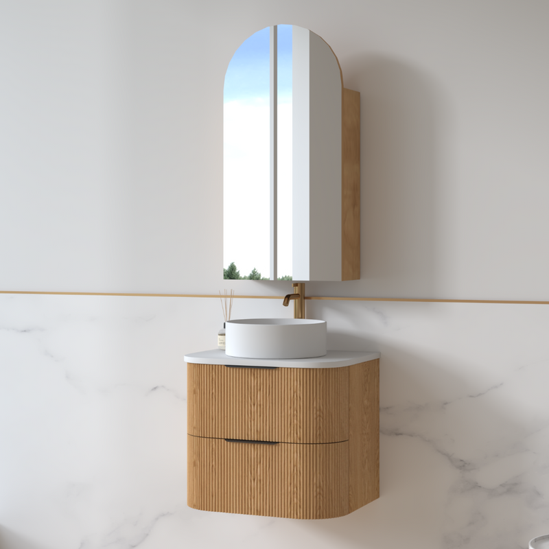 Lunara 600 Curved Light Walnut Fluted Wall Hung Vanity