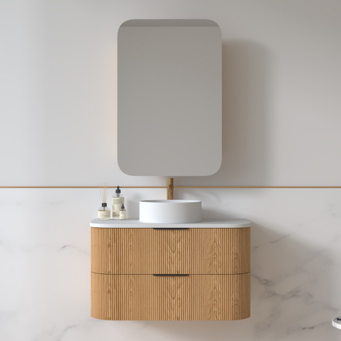 Lunara 900 Curved Light Walnut Fluted Wall Hung Vanity