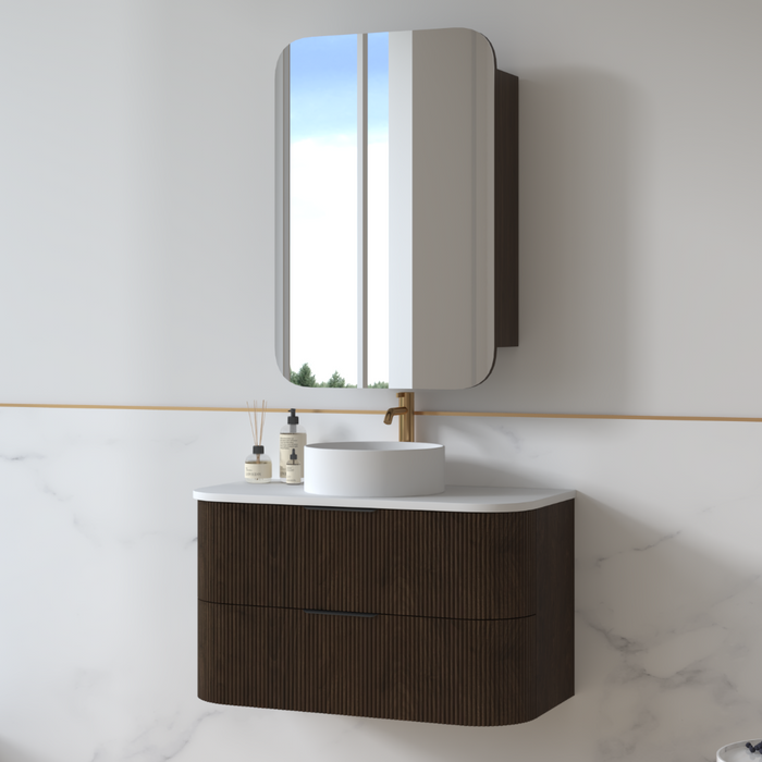 Lunara 900 Curved Alder Walnut Fluted Wall Hung Vanity