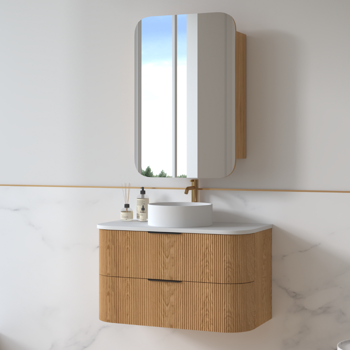 Lunara 900 Curved Light Walnut Fluted Wall Hung Vanity