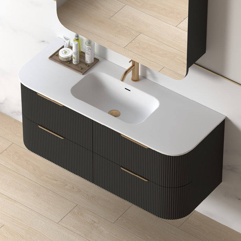 Lunara 1200 Curved Matte Black Fluted Wall Hung Vanity