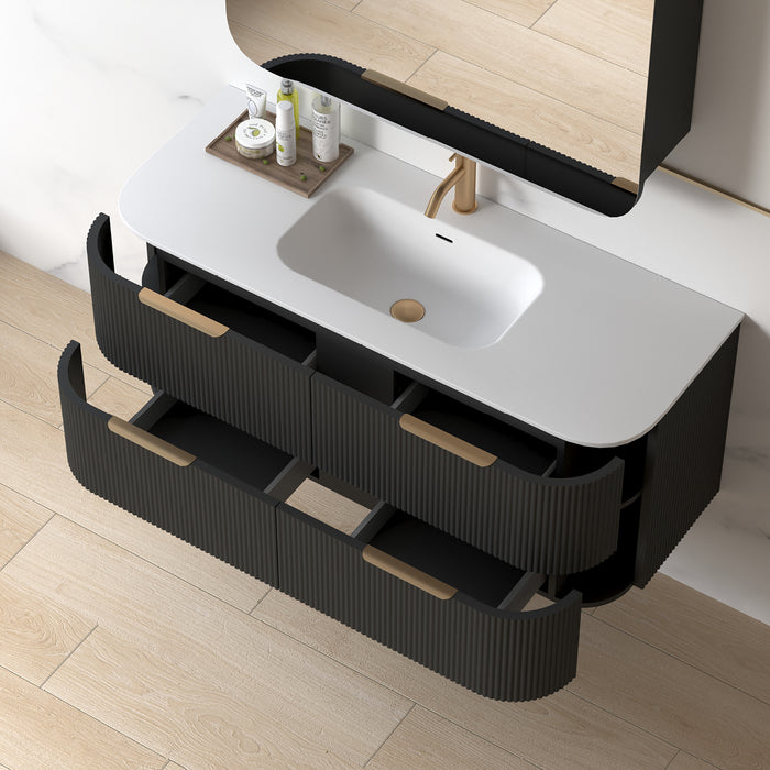 Lunara 1200 Curved Matte Black Fluted Wall Hung Vanity