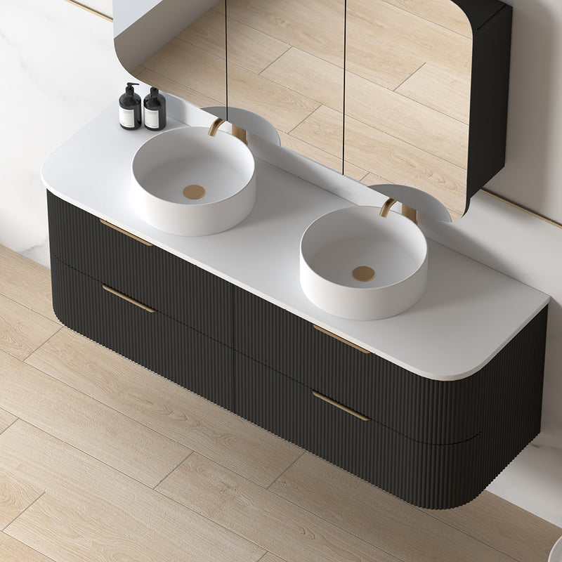 Lunara 1500 Curved Matte Black Fluted Wall Hung Vanity