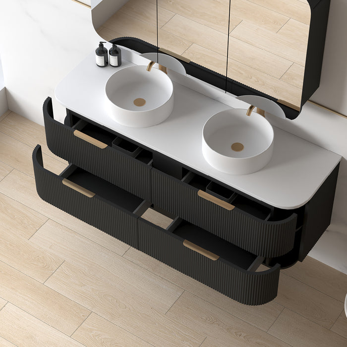 Lunara 1500 Curved Matte Black Fluted Wall Hung Vanity
