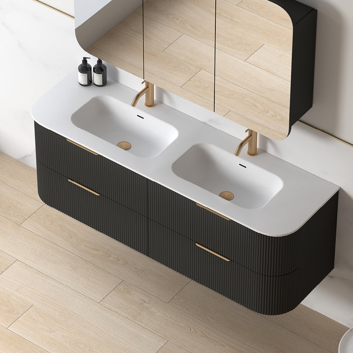 Lunara 1500 Curved Matte Black Fluted Wall Hung Vanity