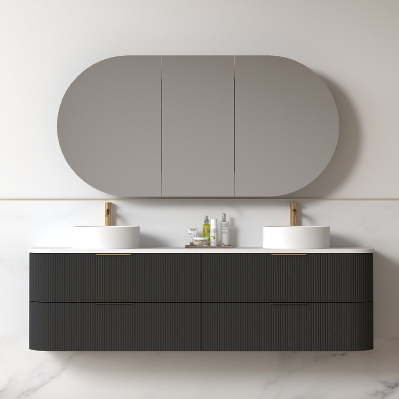 Lunara 1800 Curved Matte Black Fluted Wall Hung Vanity