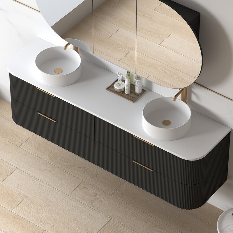 Lunara 1800 Curved Matte Black Fluted Wall Hung Vanity