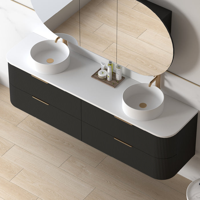 Lunara 1800 Curved Matte Black Fluted Wall Hung Vanity