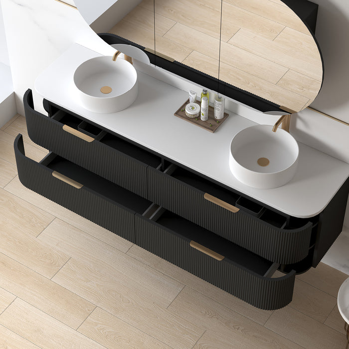Lunara 1800 Curved Matte Black Fluted Wall Hung Vanity